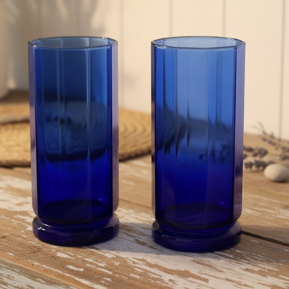 Anchor Hocking Essex Cobalt Blue Glass Glasses 16 oz 10 Sided Tumblers